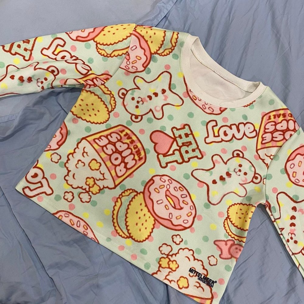 Teddy Bear Print Crop Crew Pullover